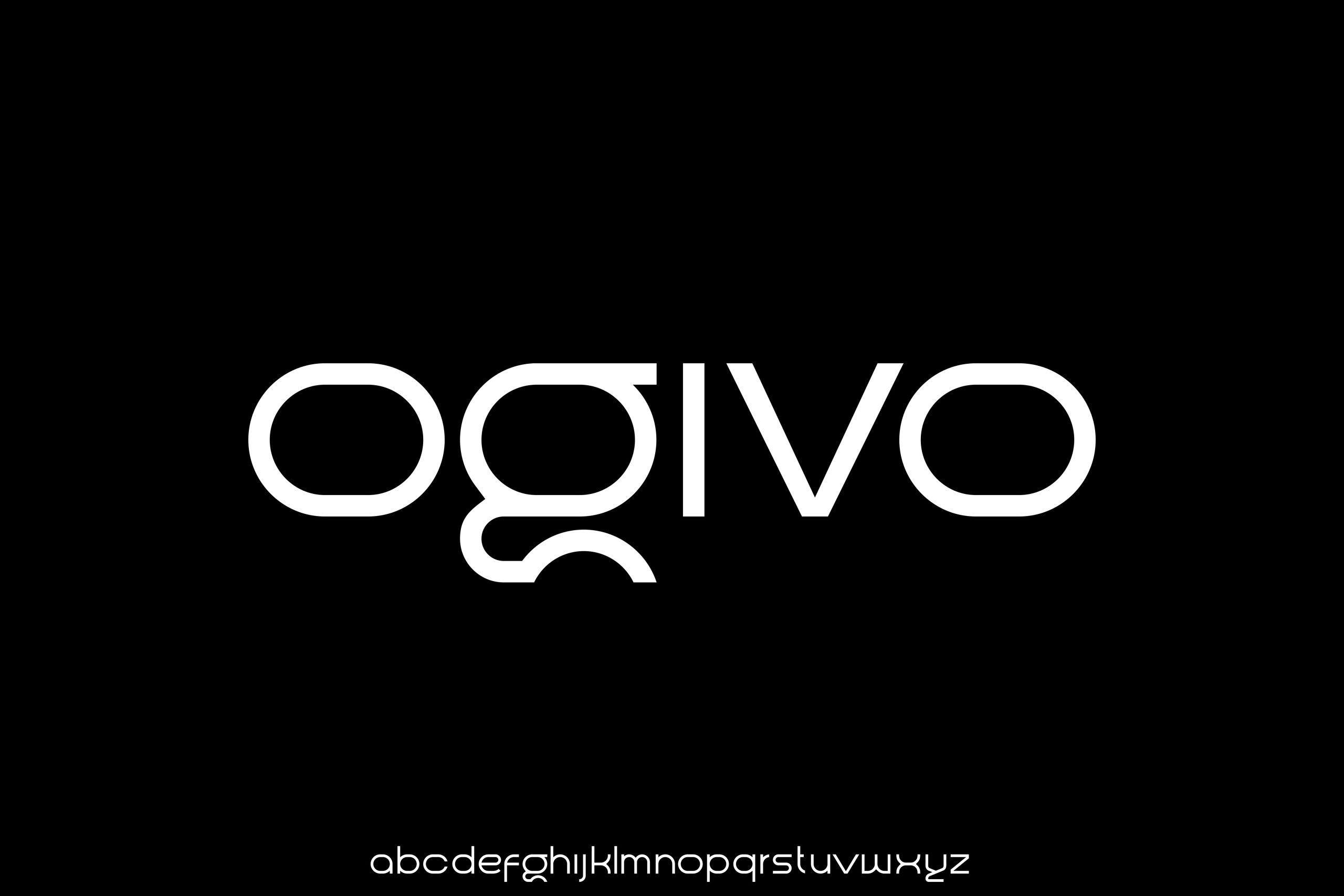 Tendencias en diseño web de Texto estilizado en blanco 'ogivo' con una fuente única que se muestra sobre un alfabeto en minúsculas completo, todo ello sobre un fondo negro.