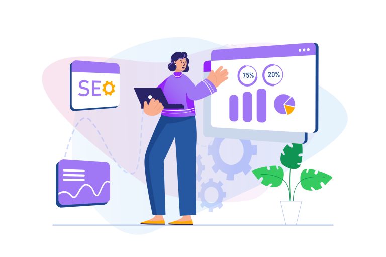 Ilustración de una mujer analizando los resultados del posicionamiento SEO SEO y SEM de su web
