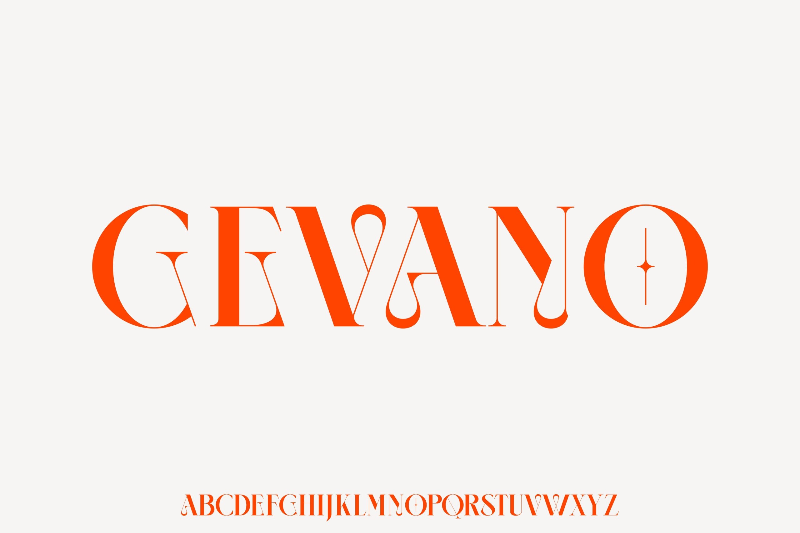 Tendencias en diseño web de la marca Gevano en tonos naranjas como ejemplo de marca minimalista. Abajo aparece el abecedario en mayúsculas.