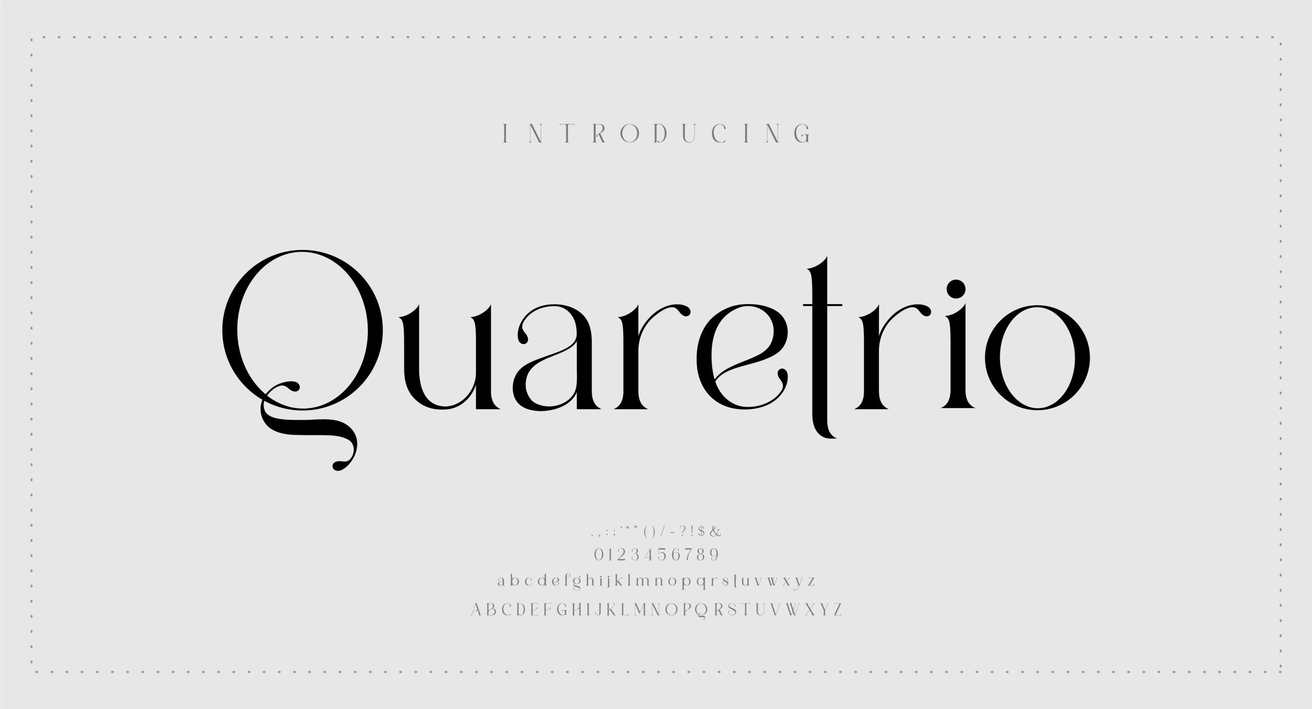 Imagen que muestra la introducción de la fuente "quarettrio" con una visualización de letras mayúsculas, minúsculas y números en un diseño minimalista.