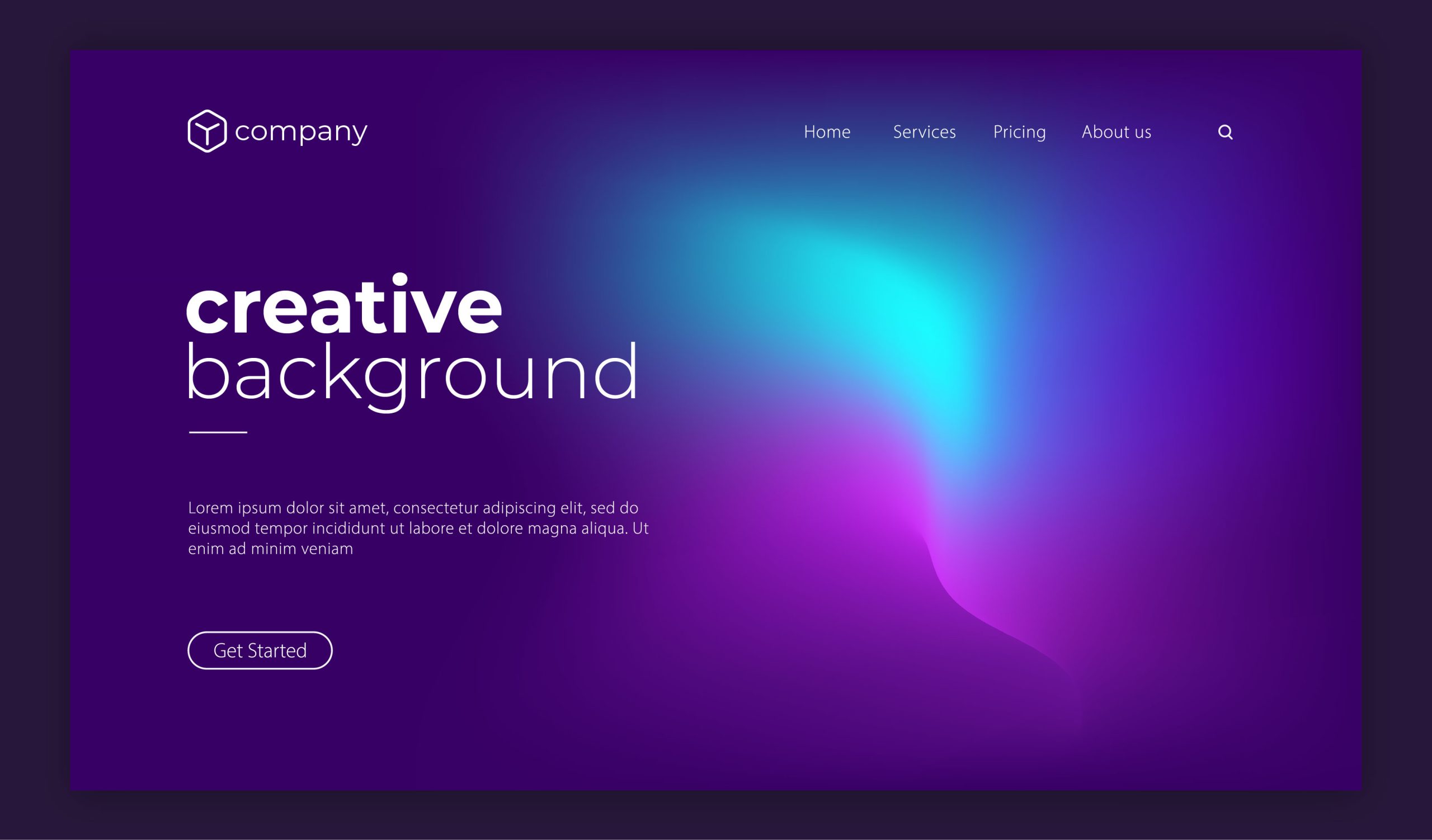 Página de inicio de Company con fondo degradado en tonos púrpura y azul y t´tiulo, descripción, botón y menú de navegación en blanco.