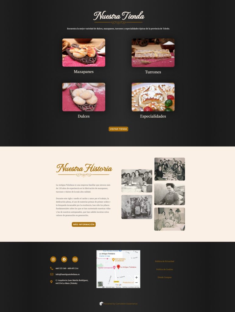 Diseño web ecommerce de La Antigua Toledana. En ella se muestra el acceso directo a la tienda y una breve descripción de la hisotria de la empresa, además de los datos de contacto más relevantes.