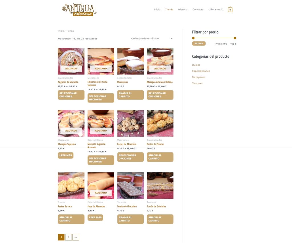 Diseño web del ecommerce de la Antigua Toledana. En ella aparecen los productos que se ofrecen acompañados de su respectiva foto y en la barra lateral la opción de filtrar por precio o por tipo de producto.