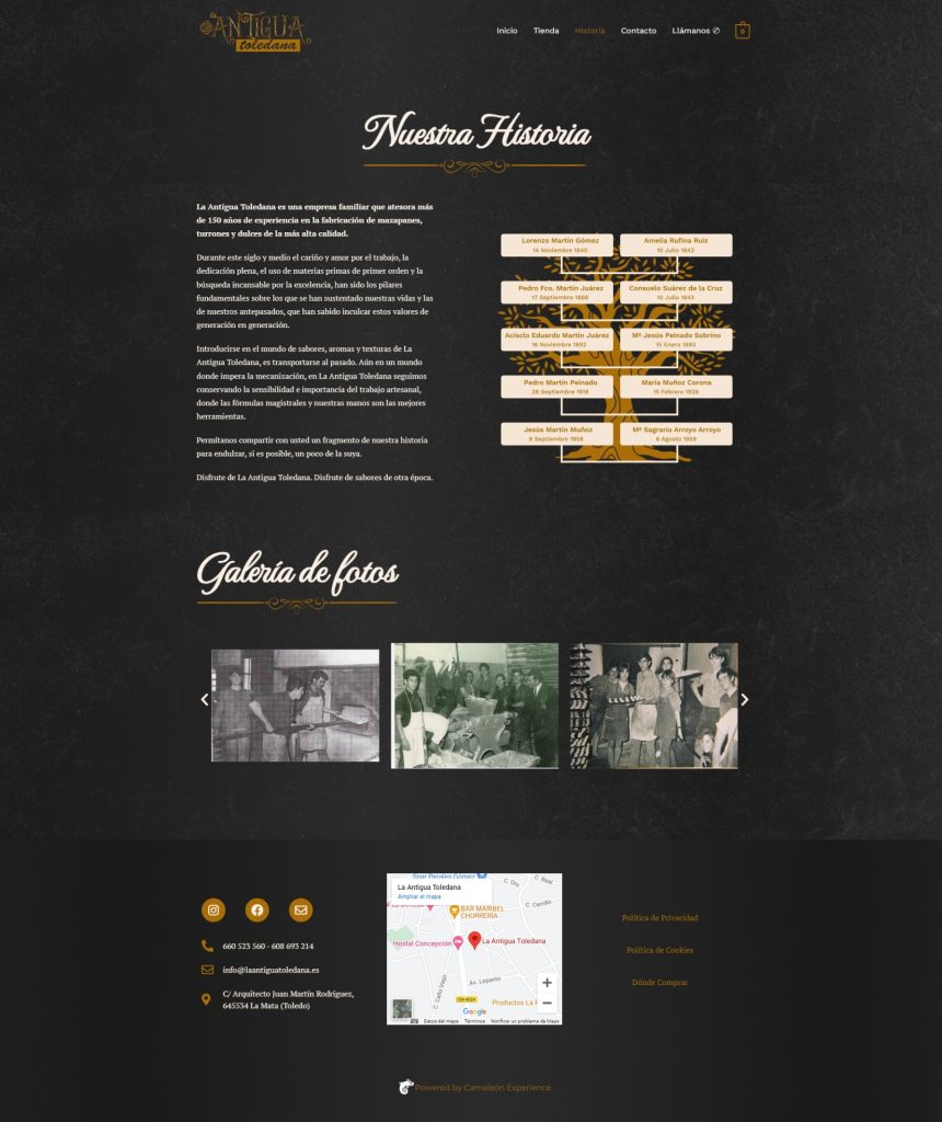 Foto del diseño web ecommerce de la Antigua Toledana en el apratado de "Nuestra Historia" y "Galería de fotos".