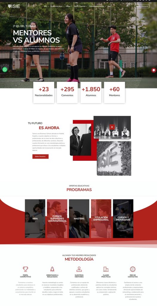 Diseño web y marketing de la primera mitad de la página web de ISIE. Incluye imágenes, descripciones, metodologías, botones de llamadas a la acción y videos informativos.