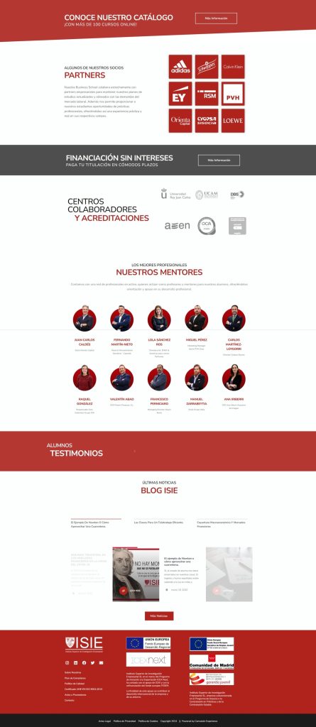 Diseño web y marketing la segunda mitad de la página web de ISIE. Donde se proporciona información relevante para el alumno siguiendo un estilo sencillo y acorde a los colores de la empresa.