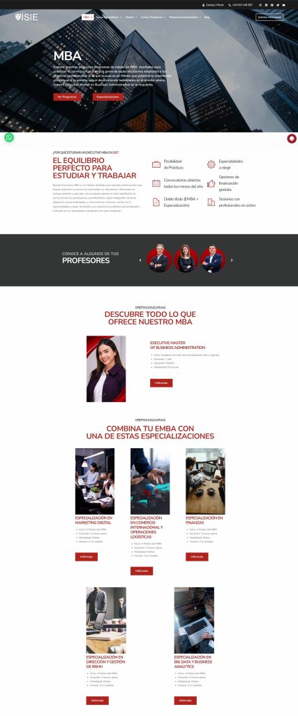 Diseño web y marketing de la sección de MBA de ISIE donde se explica en qué consiste el curso y los profesores que lo imparten.
