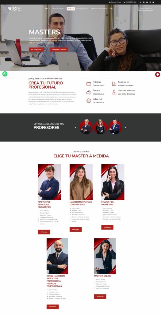Diseño web y marketing de la sección de Másteres de ISIE donde se explica en qué consiste el curso y los profesores que lo imparten.