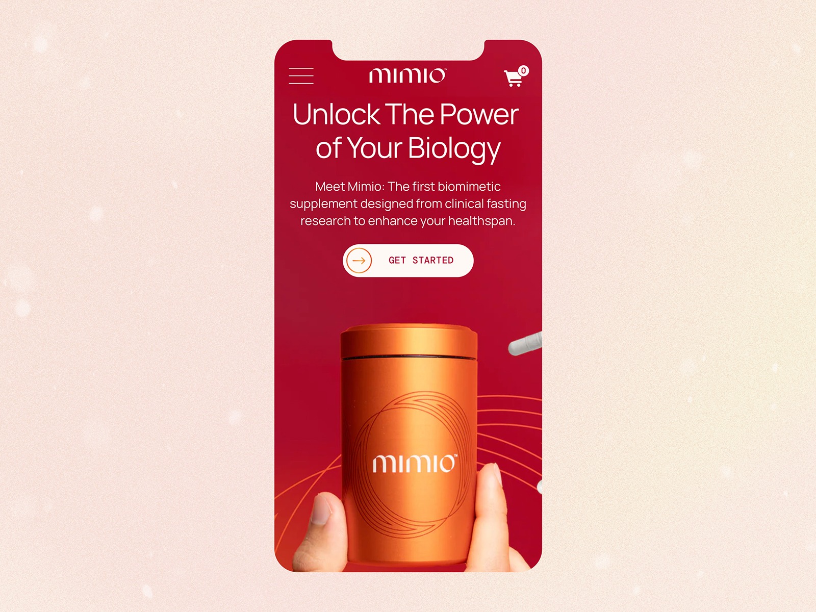 Un anuncio digital de mímío, un suplemento biométrico, que muestra una lata de producto sobre un fondo rosa con texto y un botón de "empezar".