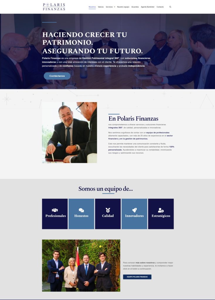 Página principal de la web de Polaris Finanzas como resultado de marketing para empresas de Camaleón Experience