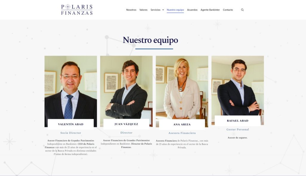 Captura de pantalla de la web de Polaris Finanzas donde se puede ver el equipo completo de la empresa como parte del servicio de marketing para empresas que ofrece Camaleón Experience.