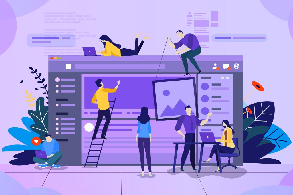 Ilustración de personas de encargadas del diseño web con un ordenador grande en tonos morados y amarillo.