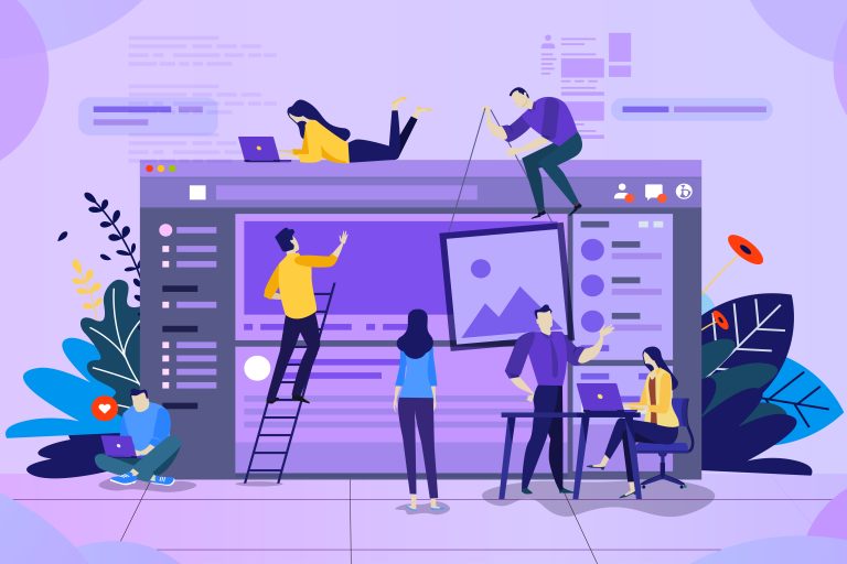 Ilustración de personas de encargadas del diseño web con un ordenador grande en tonos morados y amarillo.