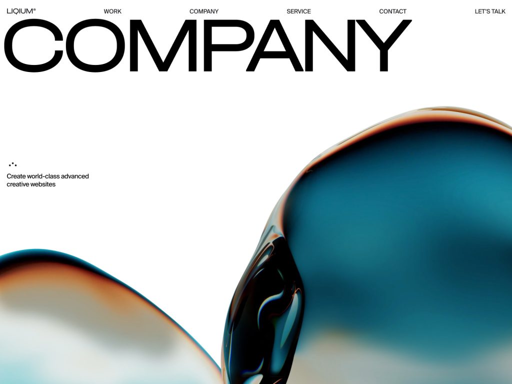 Foto de la página de inicio de la web de Company. Figuras abstractas en tonos azul y naranja y letras negras.