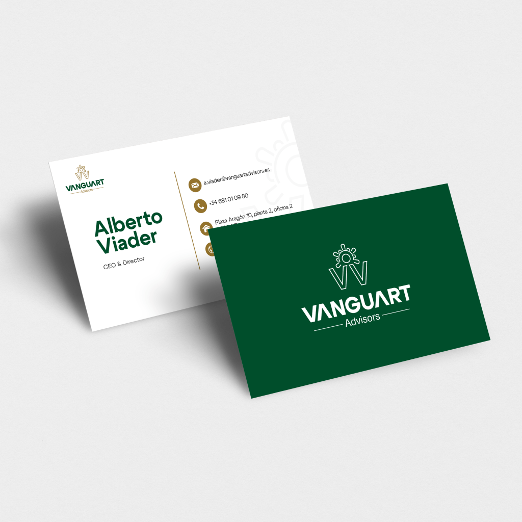 Modelo tarjetas de visita como parte de la comunicación y estrategia de Vanguart Advisors