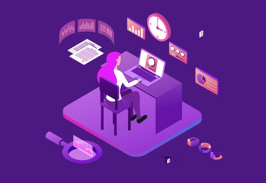 Trabajo remoto, dibujo isométrico en morado